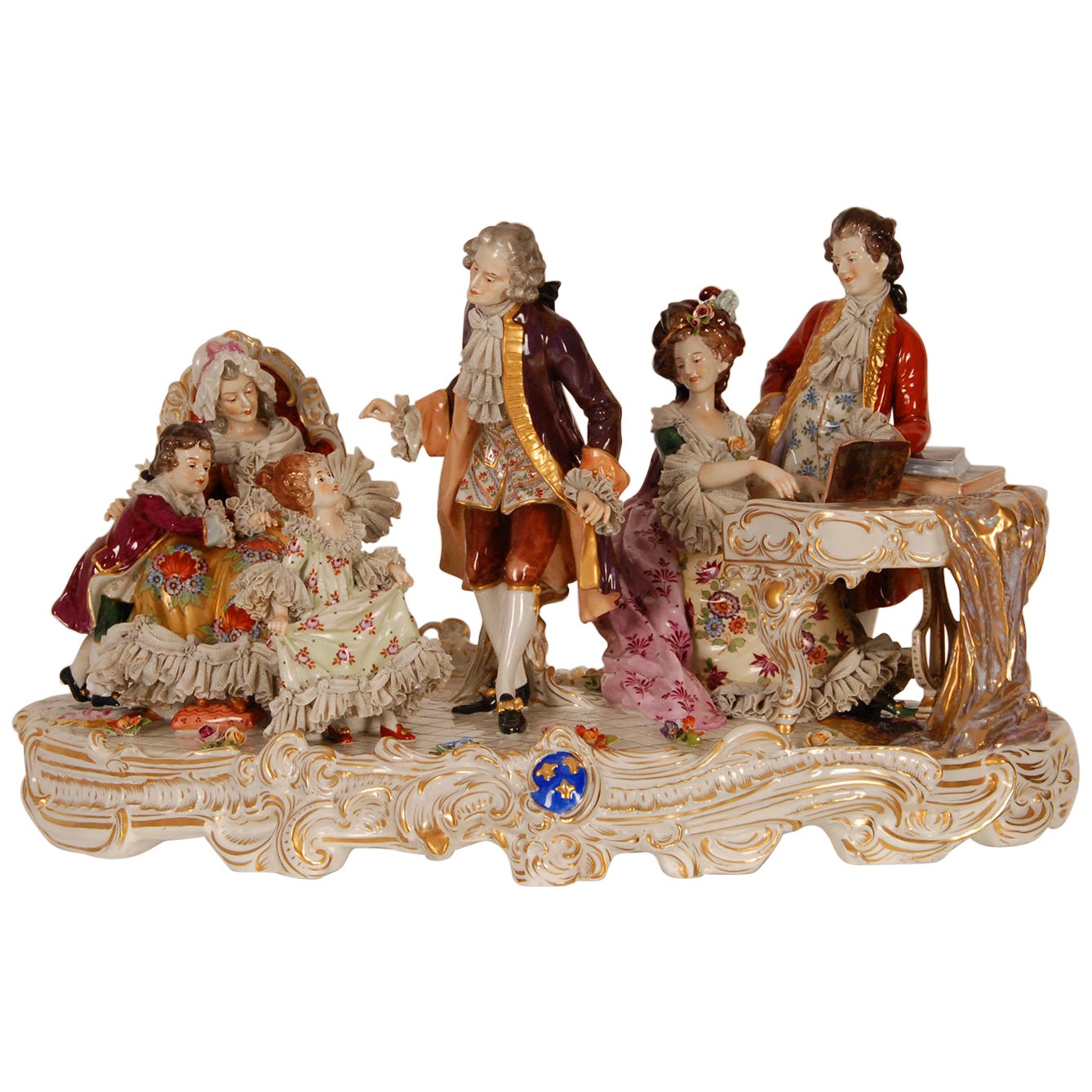 German Dresden Lace Porcelain Figurine Group, Couple Playing Chess Blue