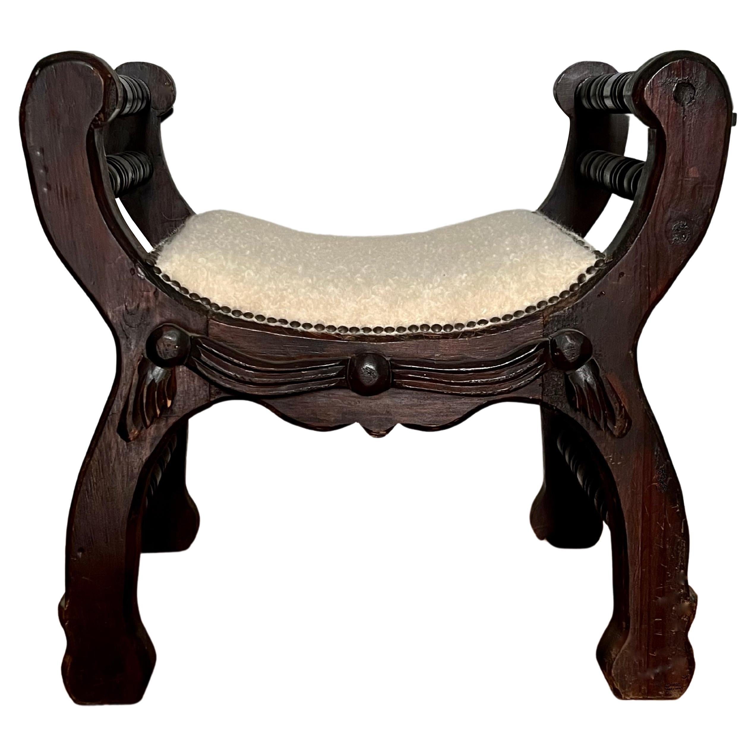 Rustic Carved Wood Bench in Ivory Boucle by Pierre Frey, Mexico, circa 1960s