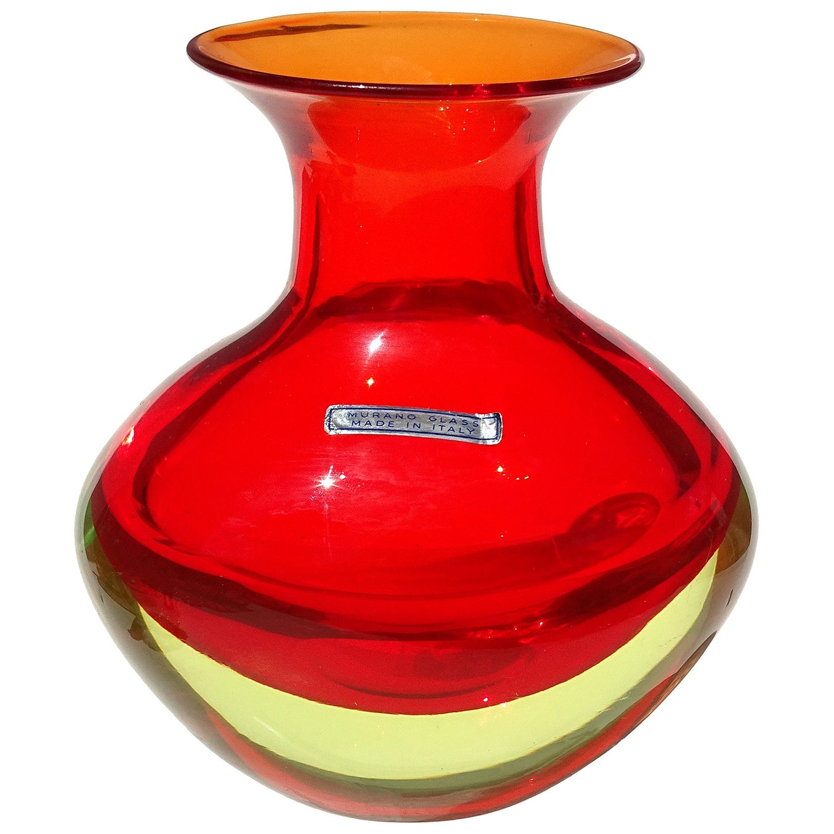 Cenedese Murano Sommerso Orange Uranium Yellow Italian Art Glass Flower Vase For Sale