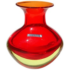 Vintage Cenedese Murano Sommerso Orange Uranium Yellow Italian Art Glass Flower Vase