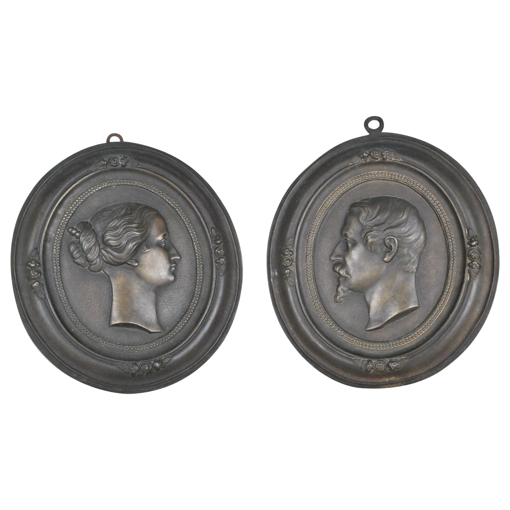 Napoleon III & Eugénie, Pair of Bronze Medallions, XIXth Century For Sale
