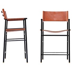 Pair Counter Barstool w Backrest Natural Tan Leather Black Rubber Metal