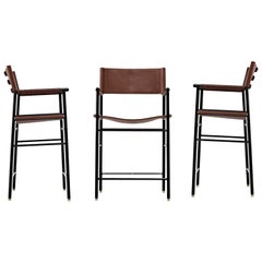 Set of 3 Counter Stool w. Backrest Dark Brown Leather & Black Rubber Metal