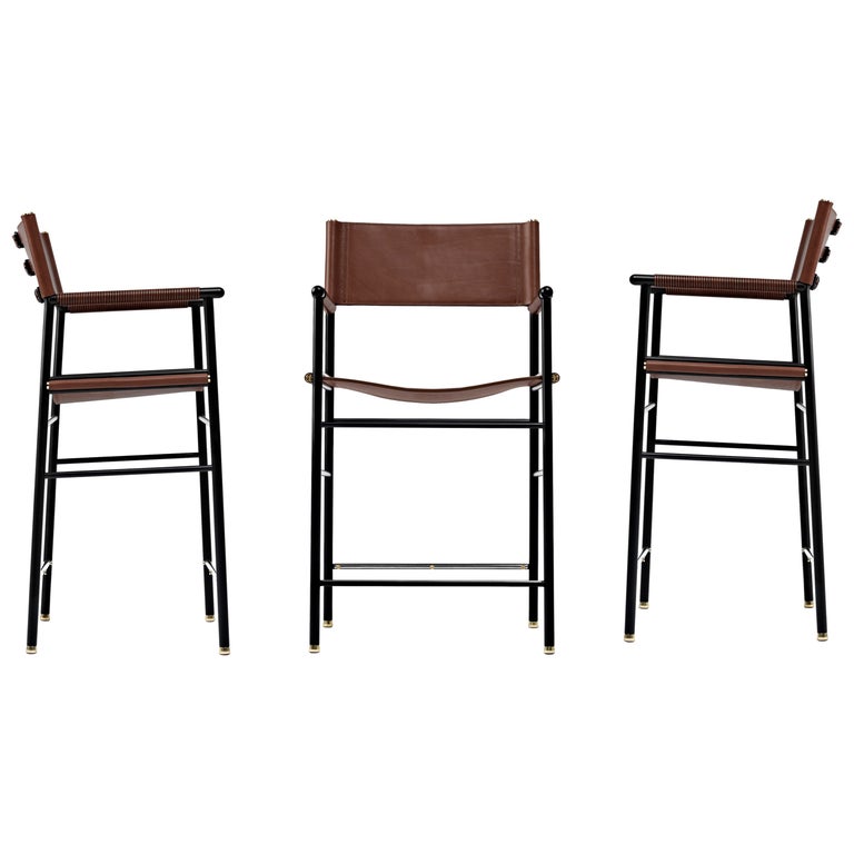 Set of 3 Counter Stool w. Backrest Dark Brown Leather and Black Rubber
