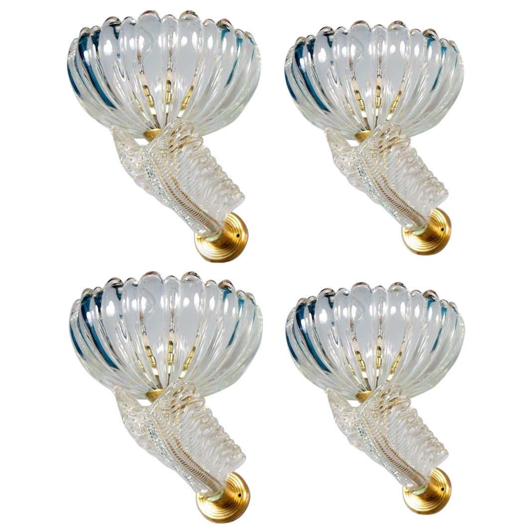 Set of Four Art Deco Brass Mounted Murano Glass Sconces 1940' by Barovier