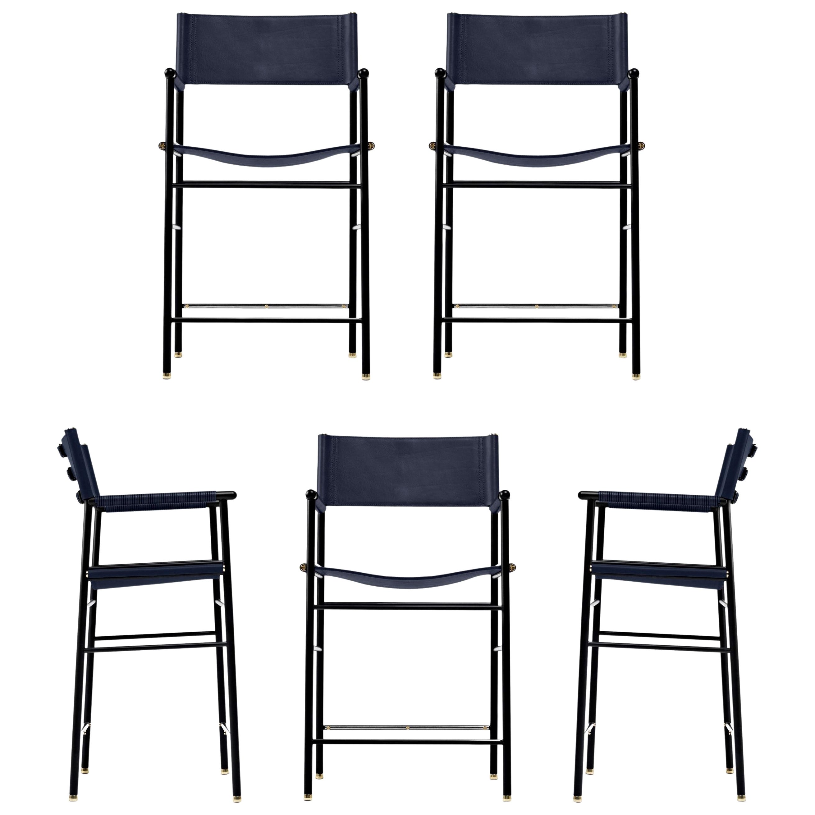 Set of 6 Counter Height Stool w. Backrest Navy Blue Leather Black & Rubber Metal For Sale