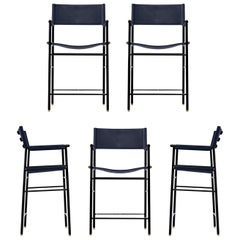 Set of 6 Counter Height Stool w. Backrest Navy Blue Leather Black & Rubber Metal