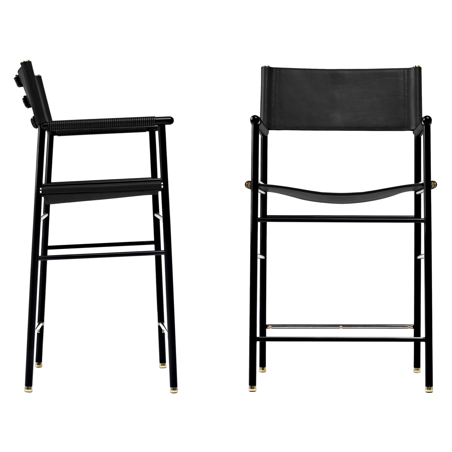 Pair Artisan Made Counter Stool w. Backrest Black Leather & Black Rubber Metal For Sale