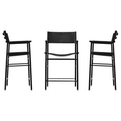 Set of 3 Counter Height Stool w. Backrest Black Leather & Black Rubber Metal
