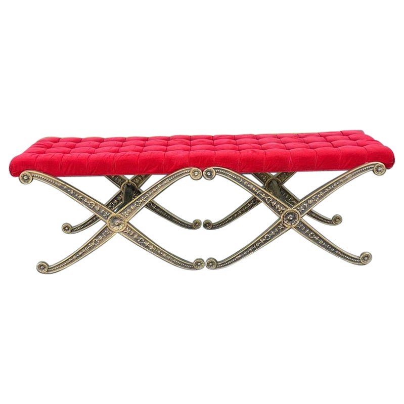 Mid-Century Louis XIV Style Gold  Double X Bench in Red Velvet