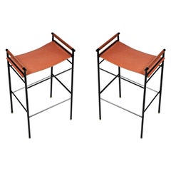 Pair Classic Contemporary Barstool Natural Tobacco Leather & Black Rubber