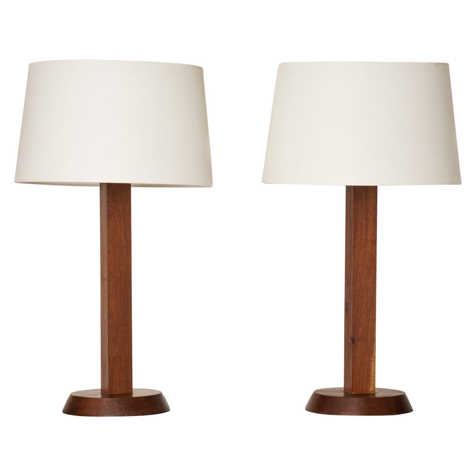 Pair of Minimalist Solid Teak Table Lamps - France 1970's For Sale