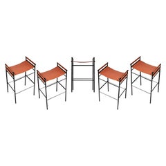 Set of 5 Contemporary Bar Stool Natural Tobacco Leather & Black Rubber Metal