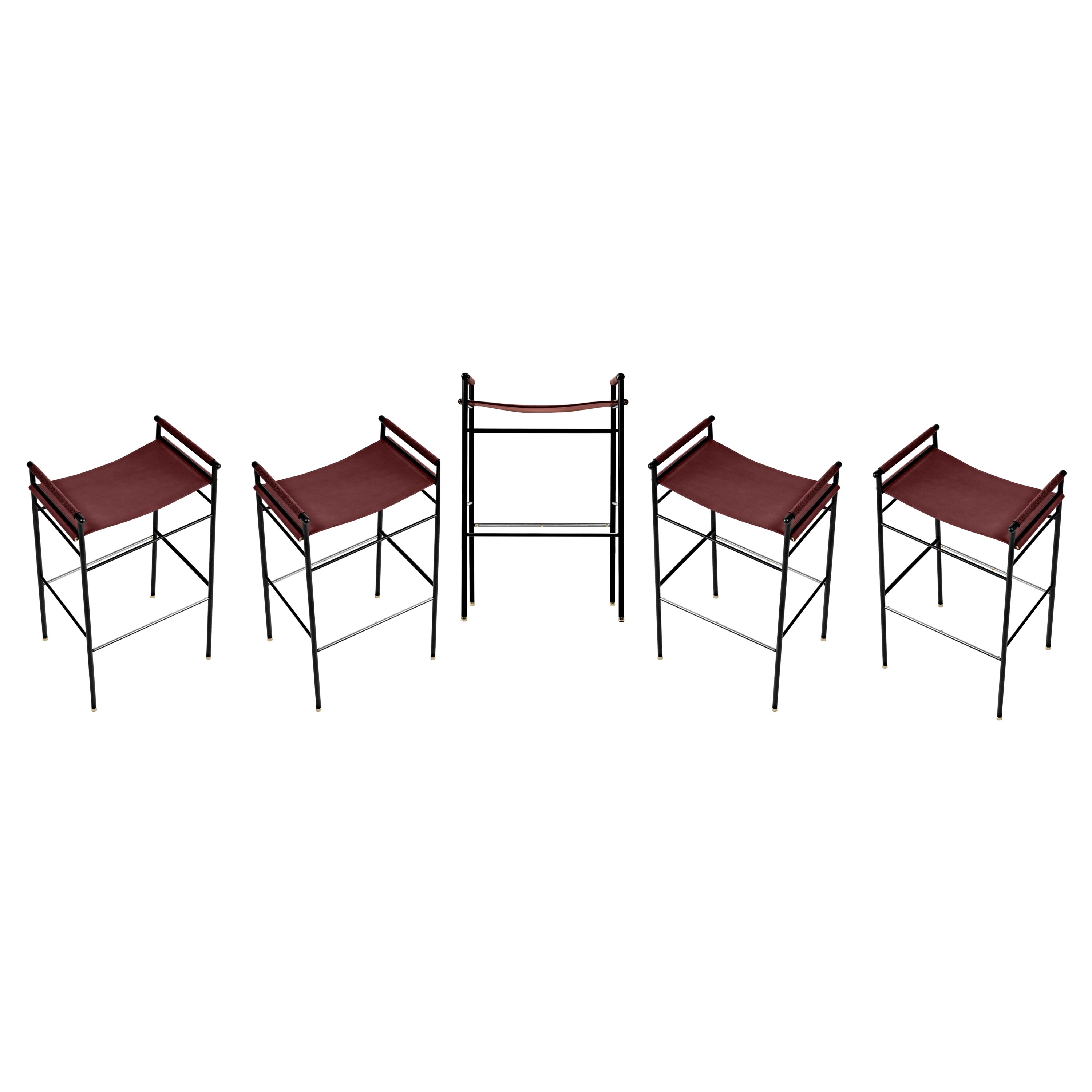 Set of 5 Contemporary Artisan Bar Stool Cognac Leather & Black Rubber Metal For Sale