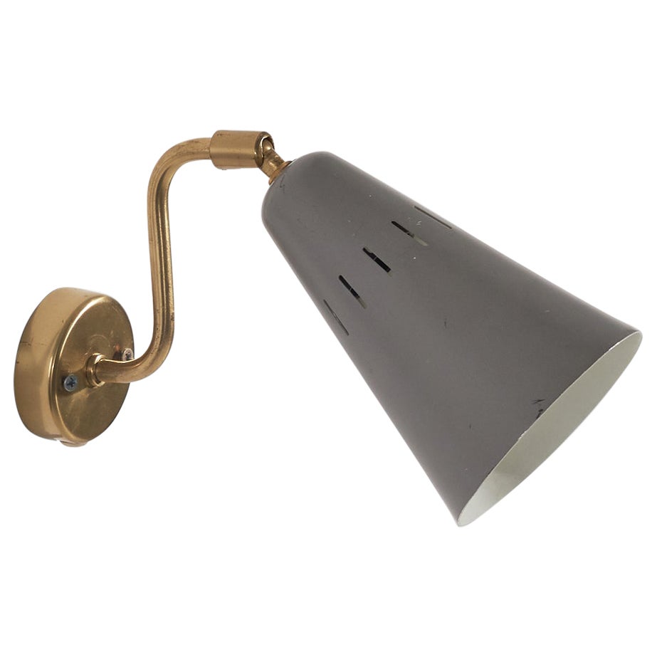 Swedish Designer, Wall Light, Brass, Grey Lacquered Metal, Sweden, C. 1960s For Sale