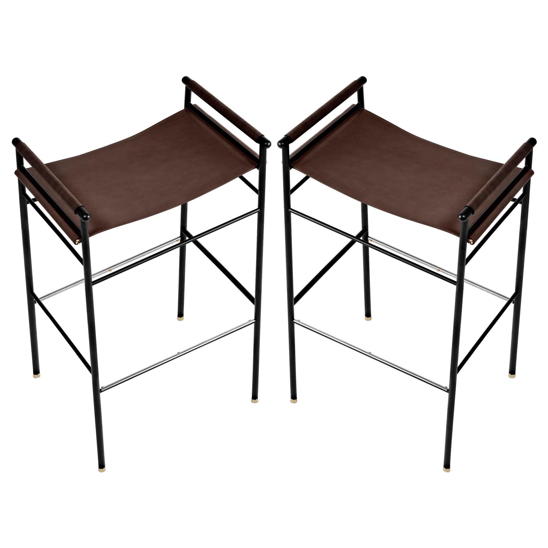 Pair Artisan Contemporary Barstool, Dark Brown Leather, Black Rubber Metal For Sale