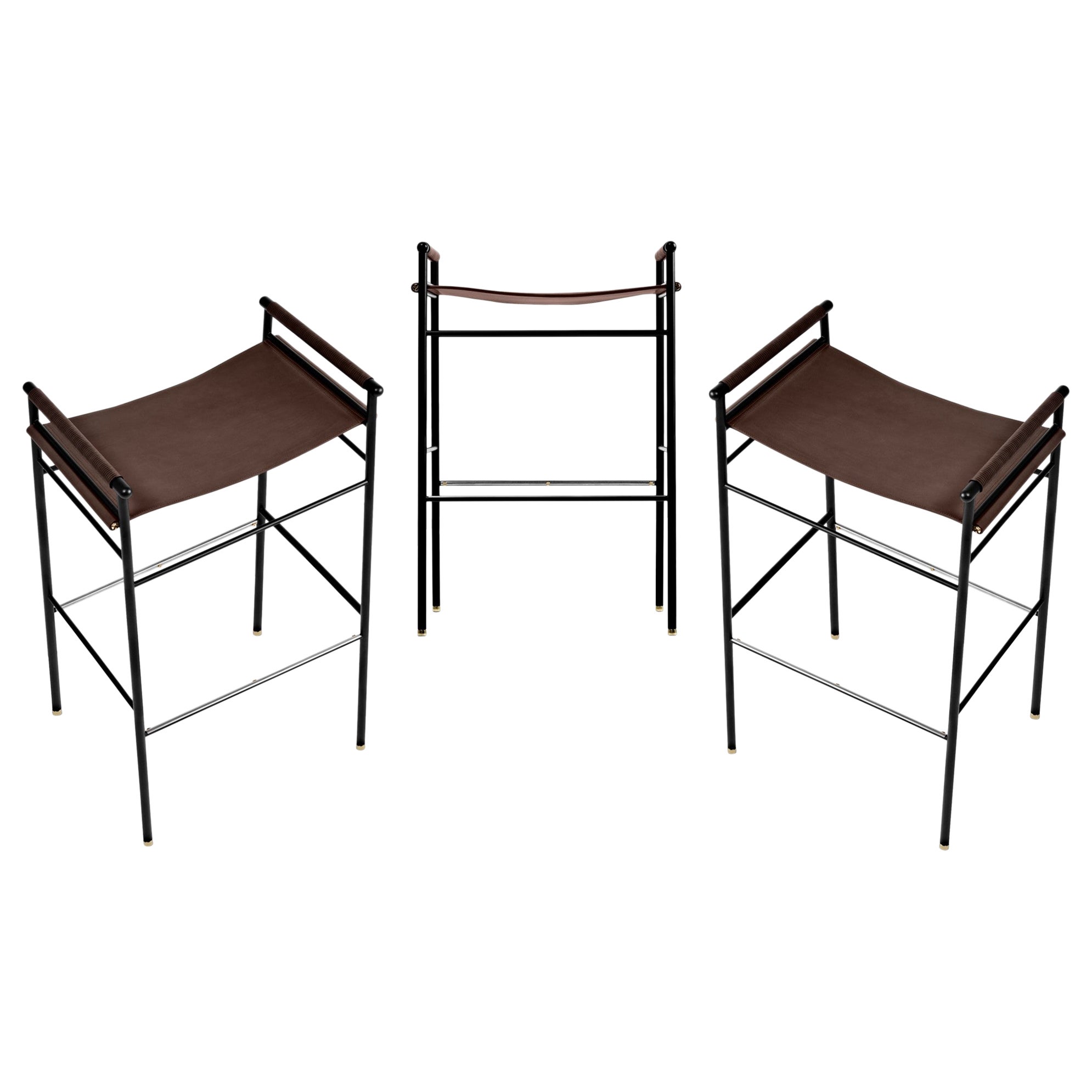 Set of 3 "Repose" Contemporary Barstool Dark Brown Saddle Black Rubbered Frame For Sale