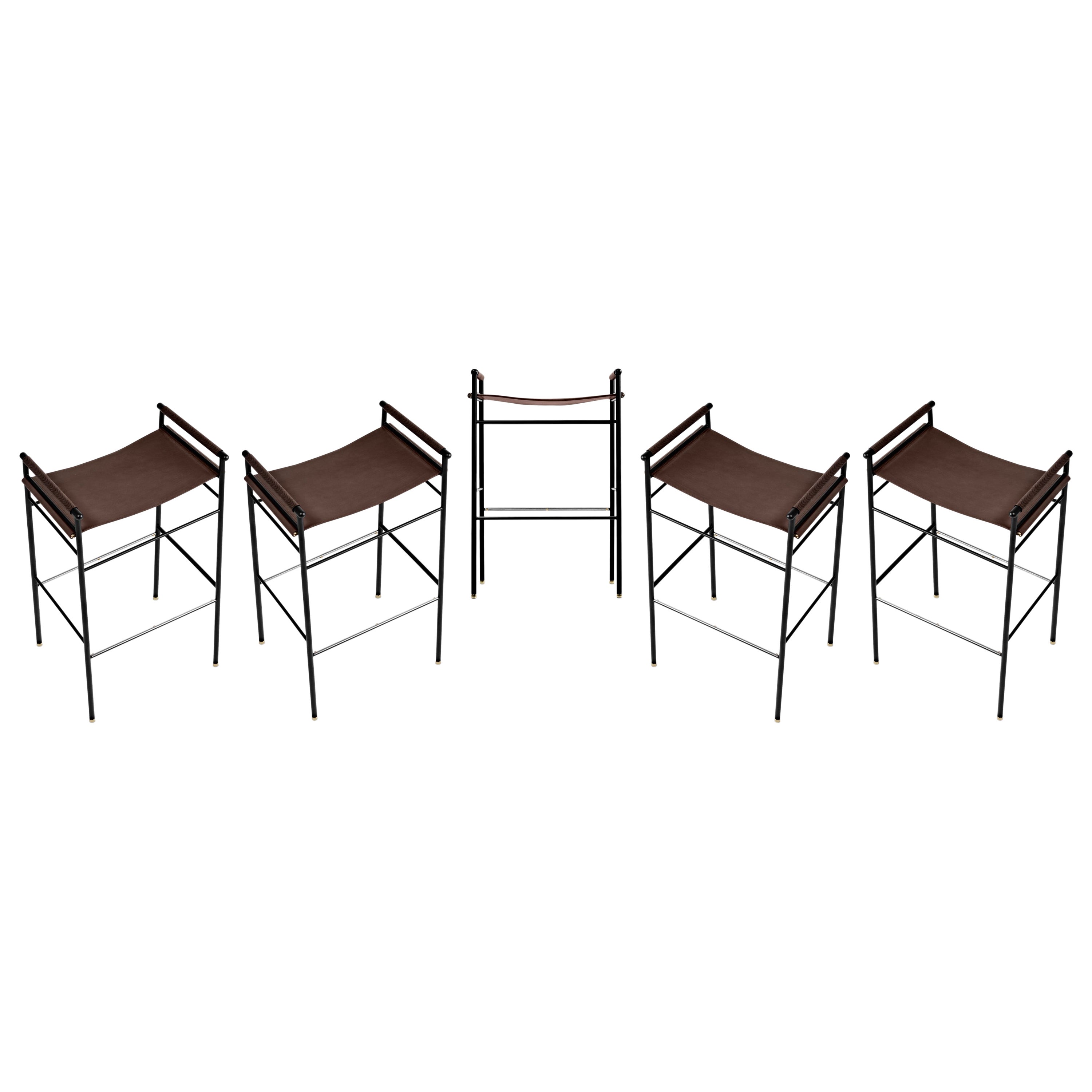 Set of 5 Contemporary Classic Bar Stool Dark Brown Leather Black Rubber Metal For Sale