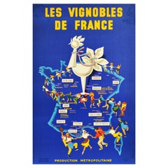 Affiche rétro originale, Les Vignobles de France, Carte des vignobles, Carte du vin, Logo Cockerel