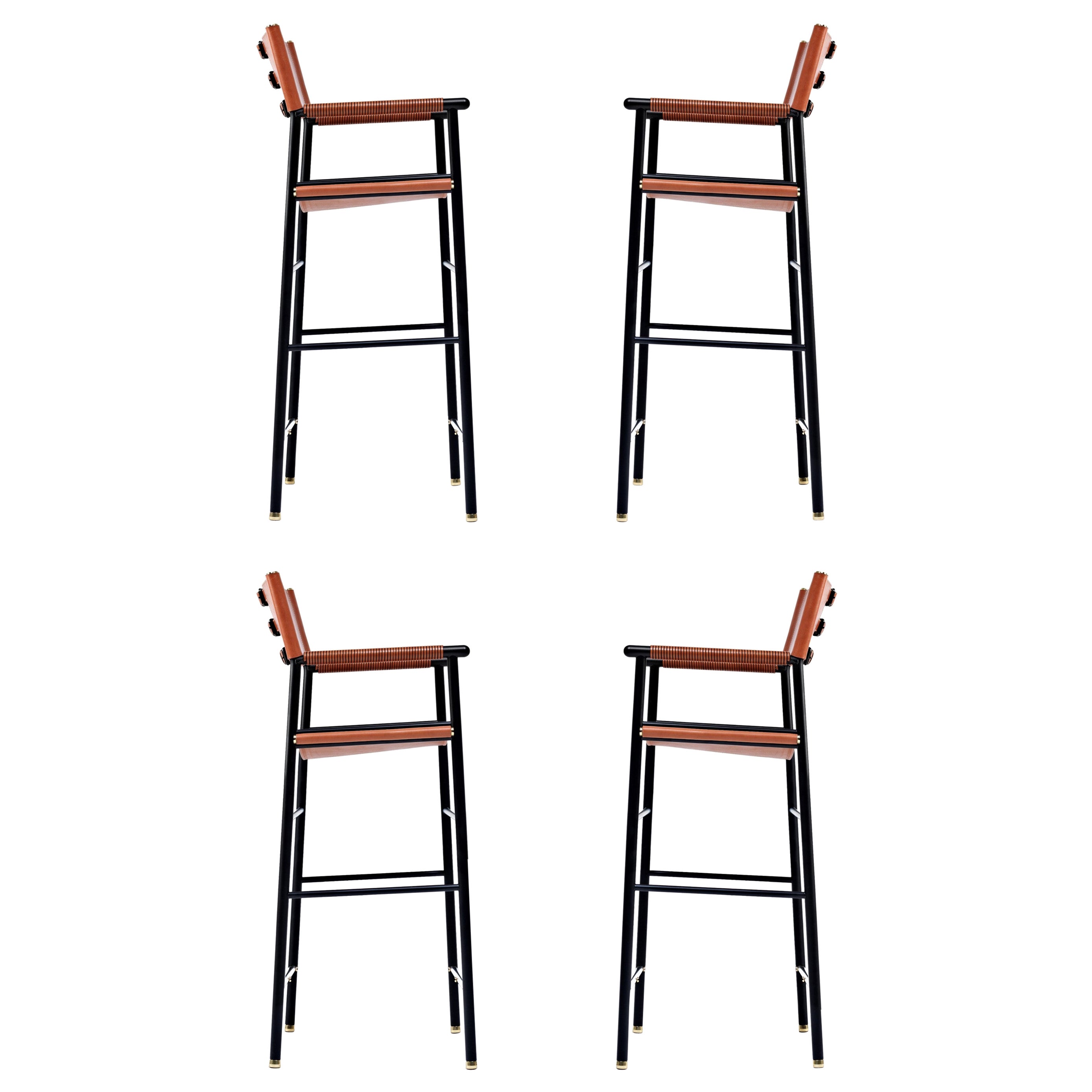 Set of 4 Classic Bar Stool w. Backrest Natural Tan Leather & Black Rubber Metal