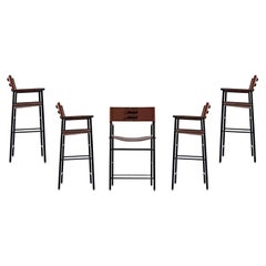 Set of 5 Classic Bar Stool w. Backrest Dark Brown Leather & Black Rubber Metal