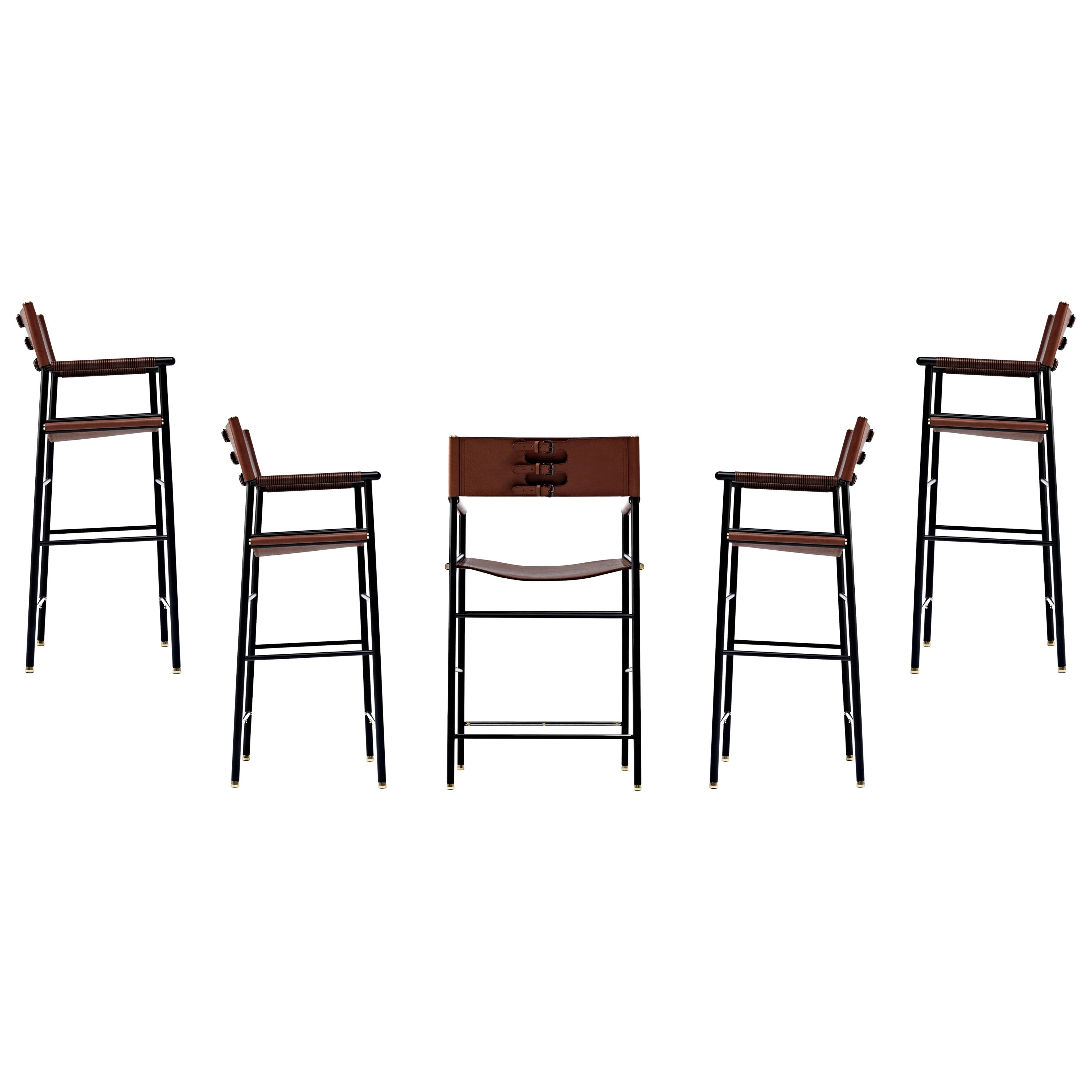 Set of 6 Artisanal Bar Stool w. Backrest Cognac Leather Black Rubber