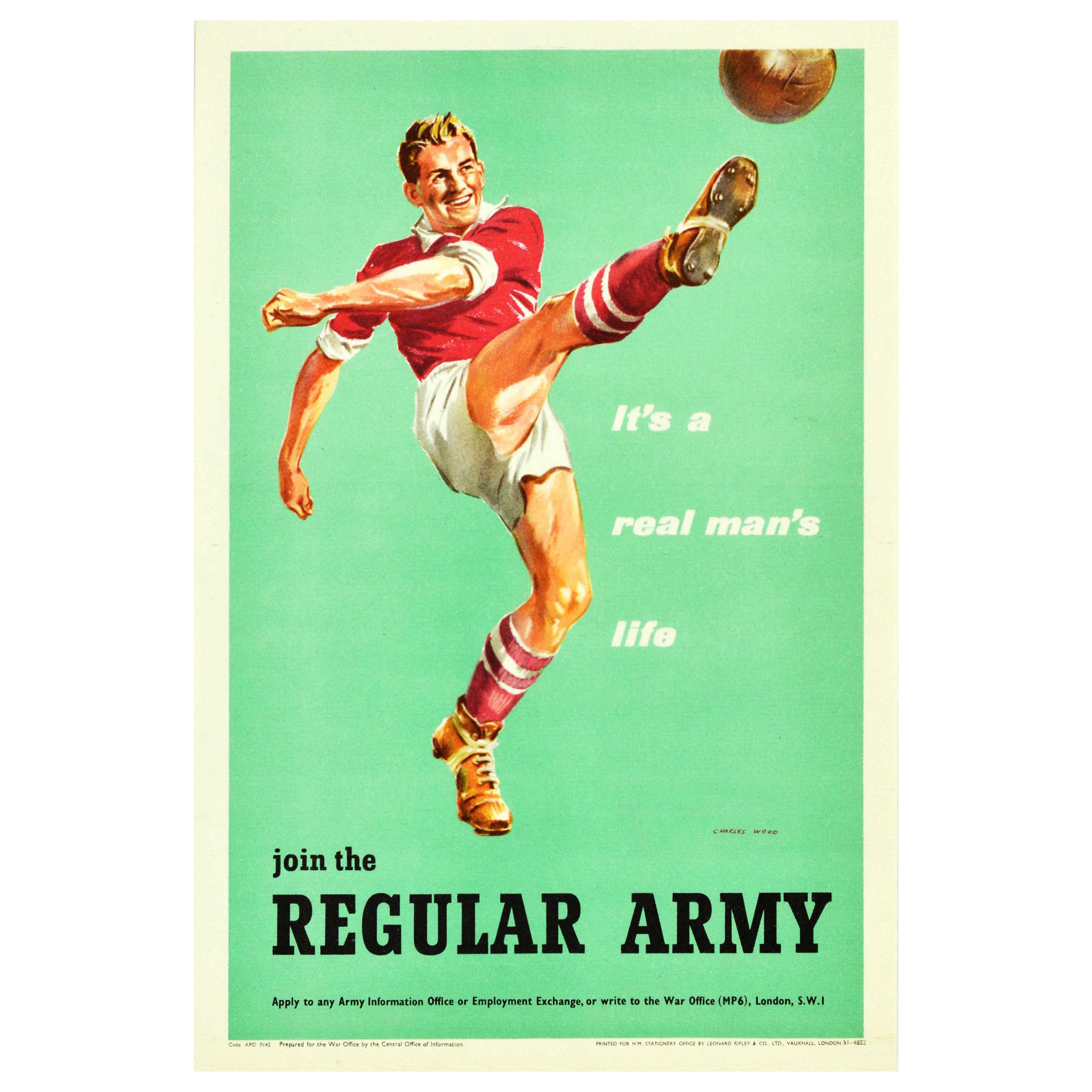 Affiche militaire originale vintage Rejoignez l'Armée régulière - Real Man's Life Football en vente