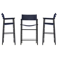 Set of 3 Armchair Bar Stool w. Dossier en cuir bleu marine et métal en caoutchouc noir