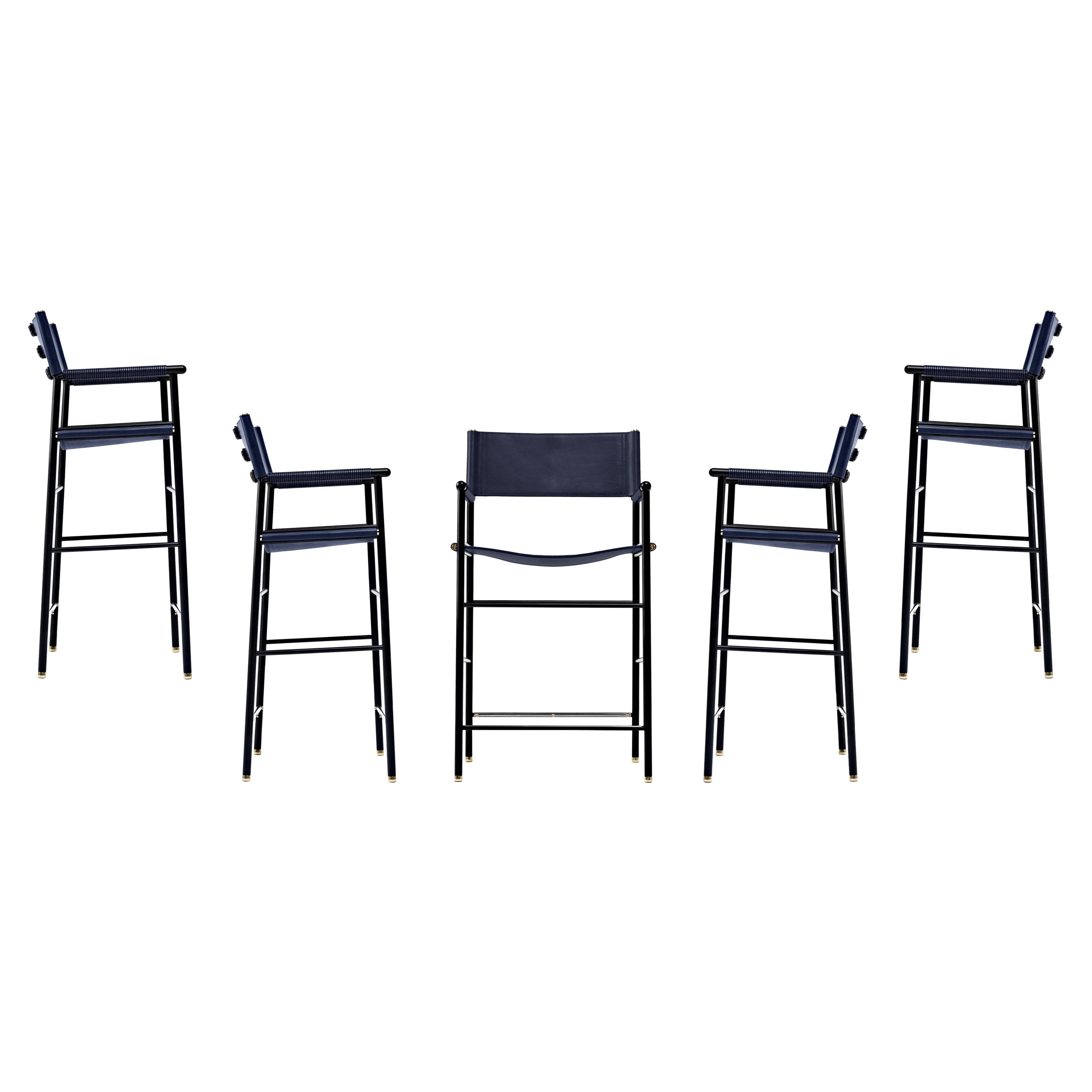 Set of 5 Classic Bar Stool w. Backrest Navy Blue Leather & Black Rubber Metal  For Sale