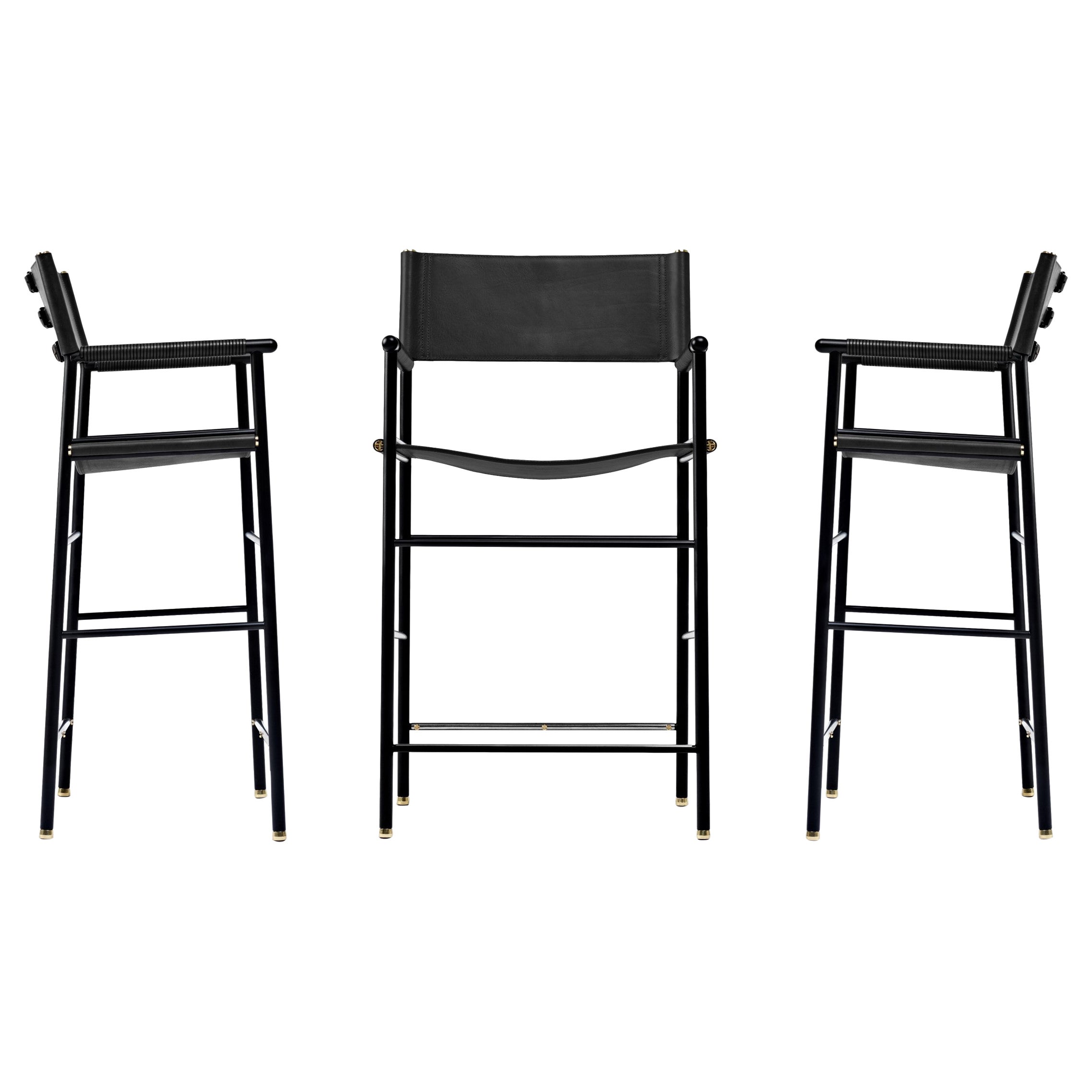 Set of 3 Classic Barstool w. Backrest Black Leather & Black Rubber Metal Frame