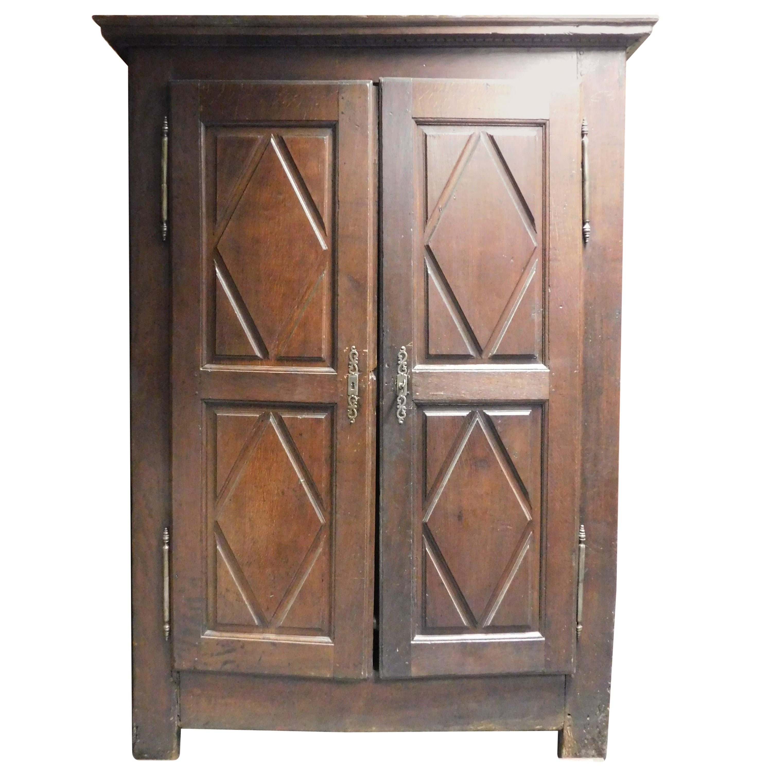 Old Solid Oak Wood Wardrobe with Lozenge Shaped Tiles, 18th Century Italy For Sale