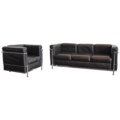 Vintage Le Corbusier LC2 Armchair + 3-Seat Sofa Set in Black Leather & Chrome, Alivar