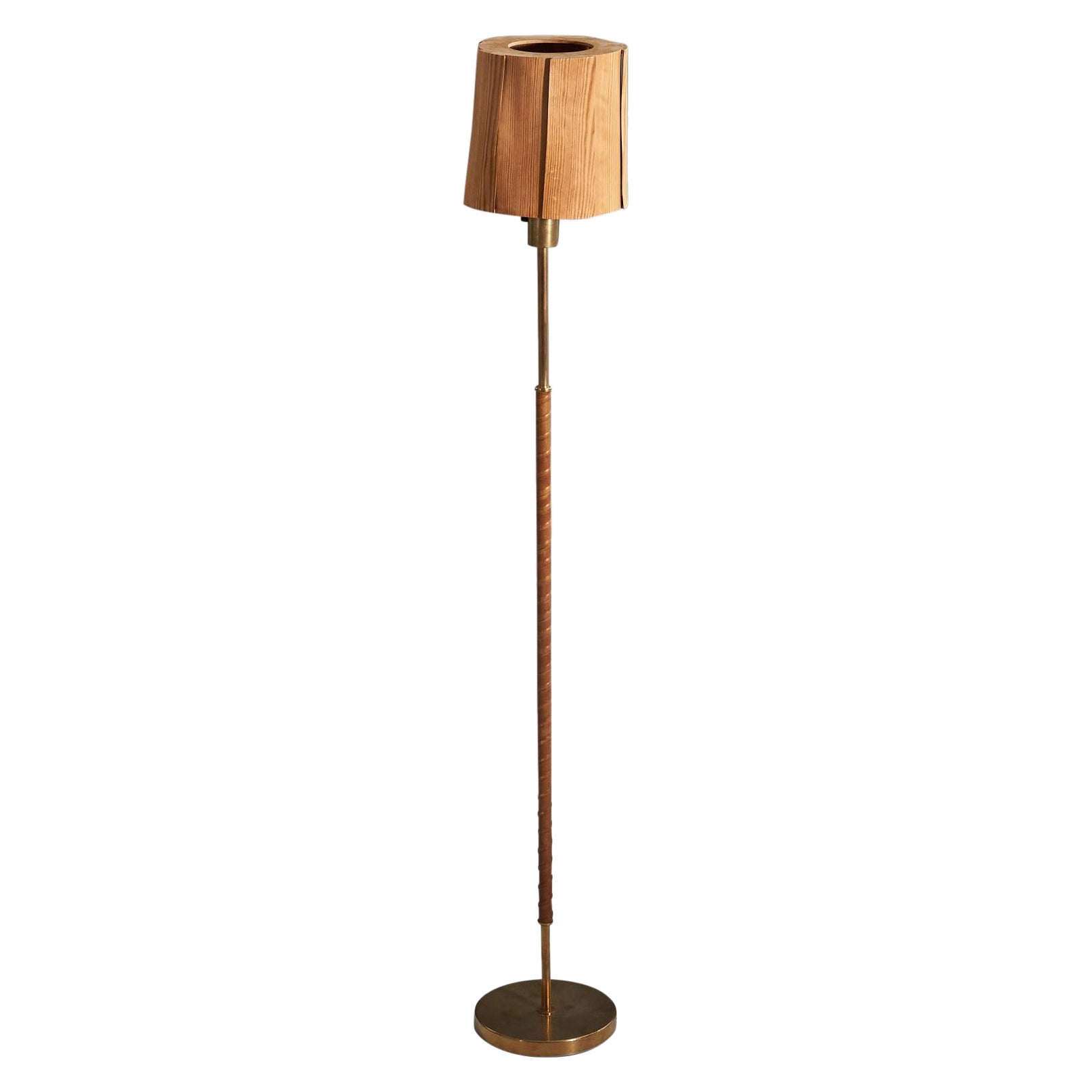 Swedish Designer, Floor Lamp, Brass, Leather, Pine, Sweden, 1940s For Sale