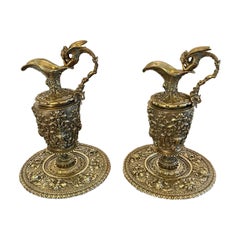 Superb Quality Pair of Antique Victorian Gilded Brass Ewers and Dishes