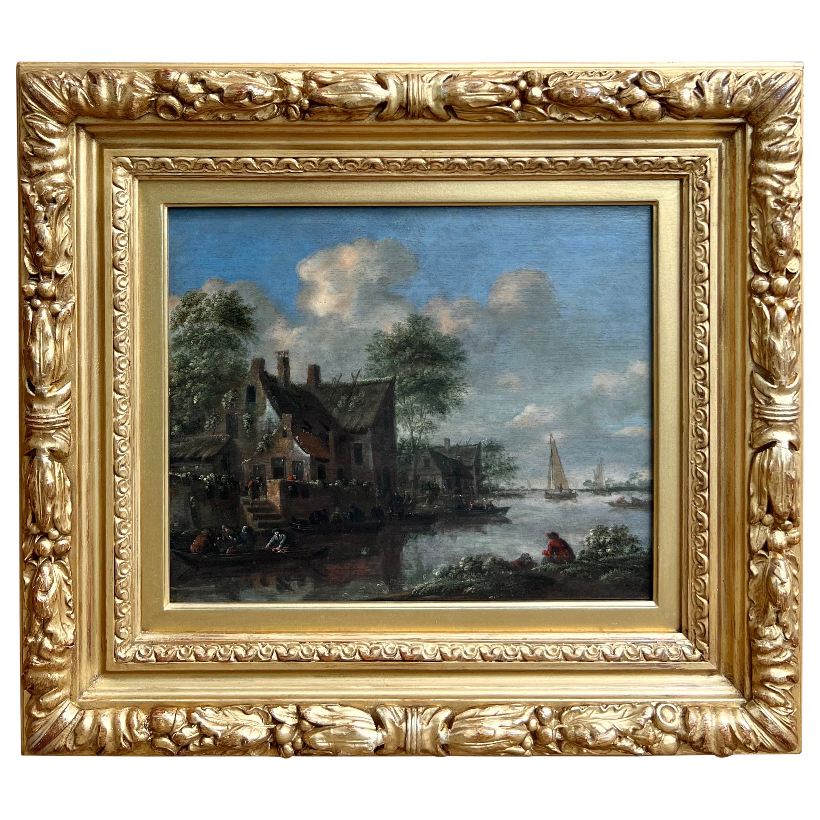 ""Village by the Lake" 17ème siècle Ancienne école de maîtres de Thomas Heeremans en vente