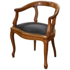 19th Century French Louis Philippe Carved Elm and Leather Desk Armchair 