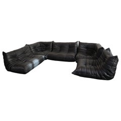 7-Seat 5-Piece Togo Sofa Set in Black Leather by Ducaroy for Ligne Roset, France