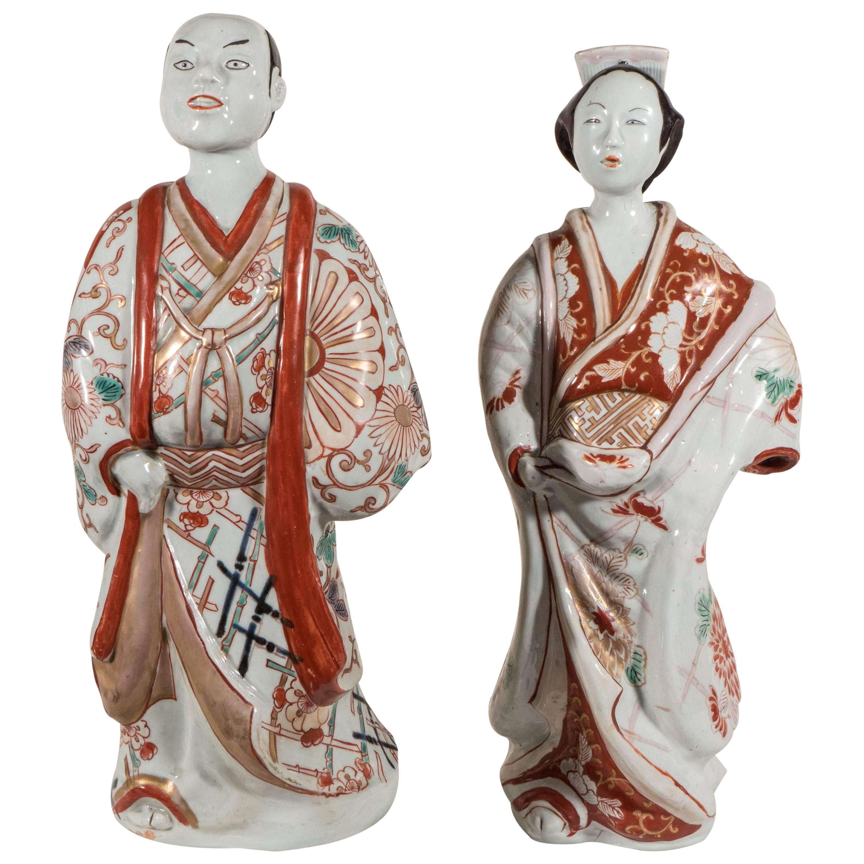 Pair Antique Japanese Porcelain Figures of Kabuki Actors
