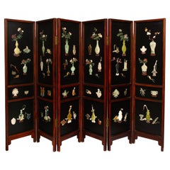 Large 20th C. Chinese 6 Panel Lacquered Hardstone and Jade Coromandel Screen