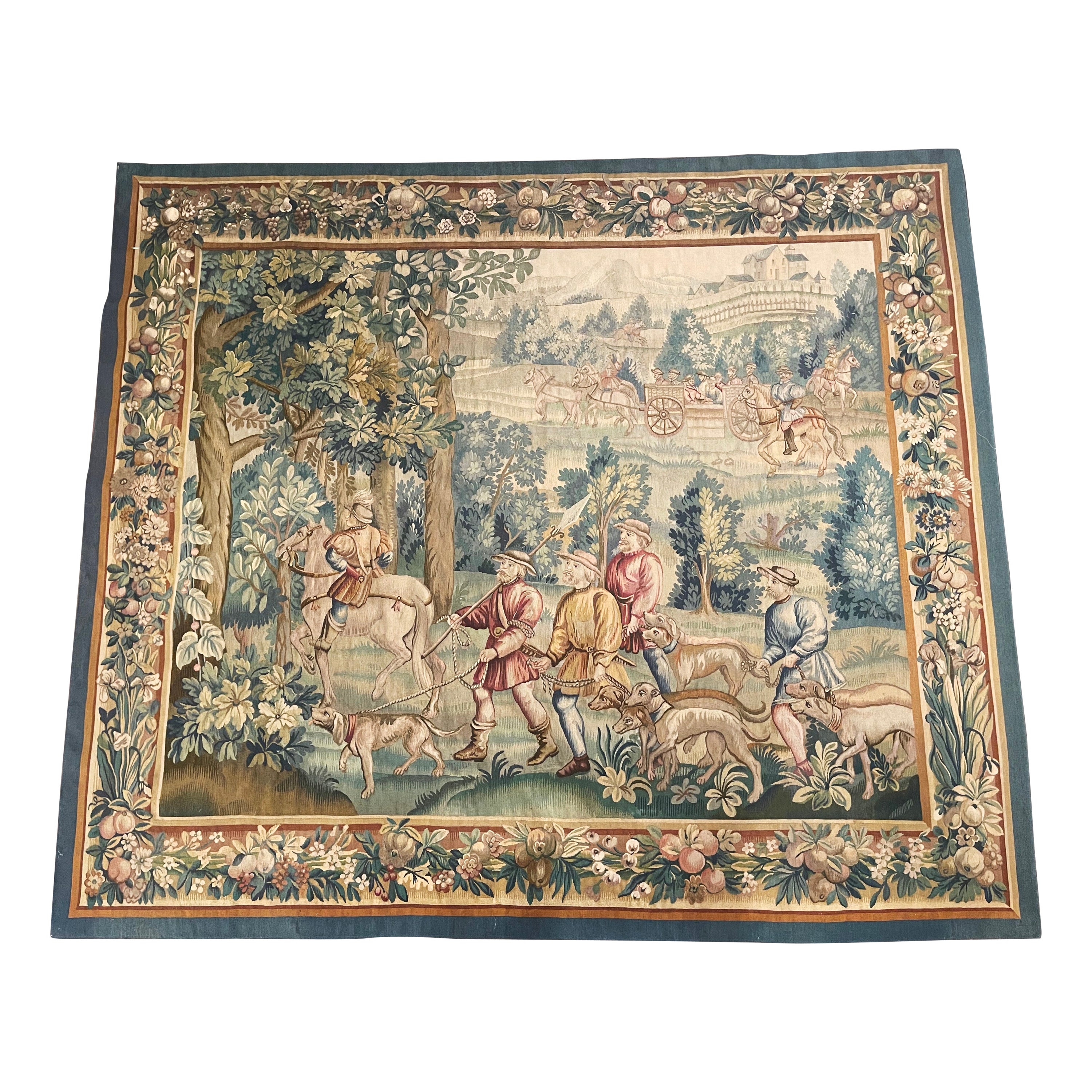 19th Century French Hand Woven Aubusson Tapestry with Noble Hunting Party Scene For Sale