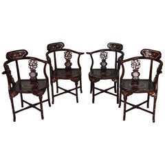 Set of 4 Asian Armchairs in Carved and Inlaid Wood, circa 1900-1920