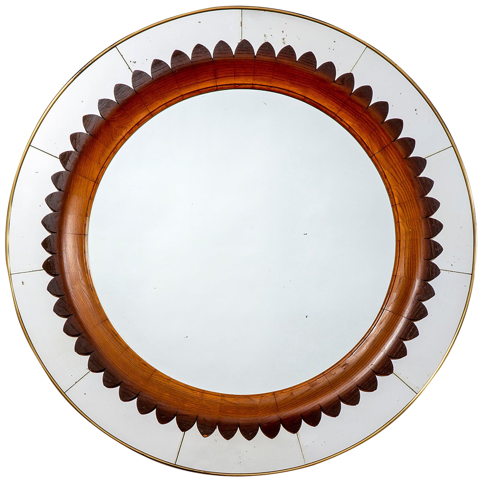 20th Century Marelli Production Wall Round Mirror with Frame in Brass and Wood For Sale