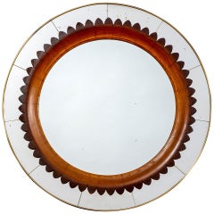 Retro 20th Century Marelli Production Wall Round Mirror with Frame in Brass and Wood