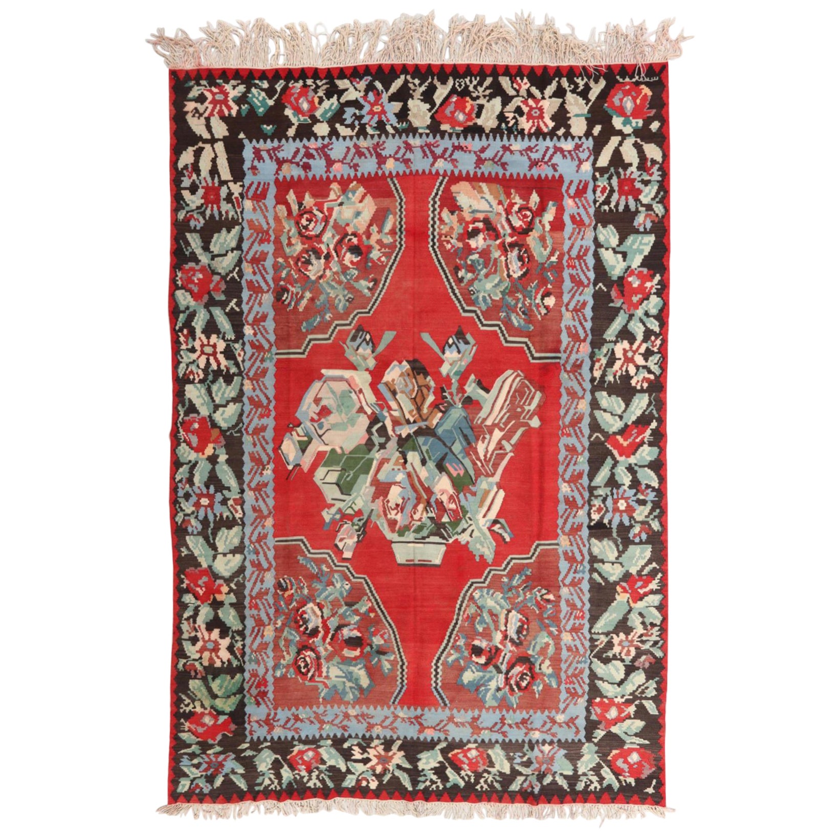 Vintage Mid-Century Bessarabian Kilim Red Floral Flat Weave Rug Room Size For Sale