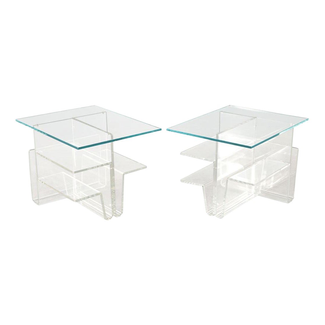 Pair of Mid-Century Modern Glass Top Acrylic End Tables Magazine Stands For Sale
