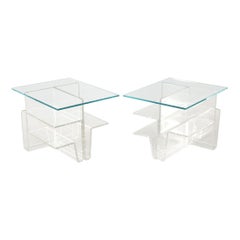 Pair of Mid-Century Modern Glass Top Acrylic End Tables Magazine Stands