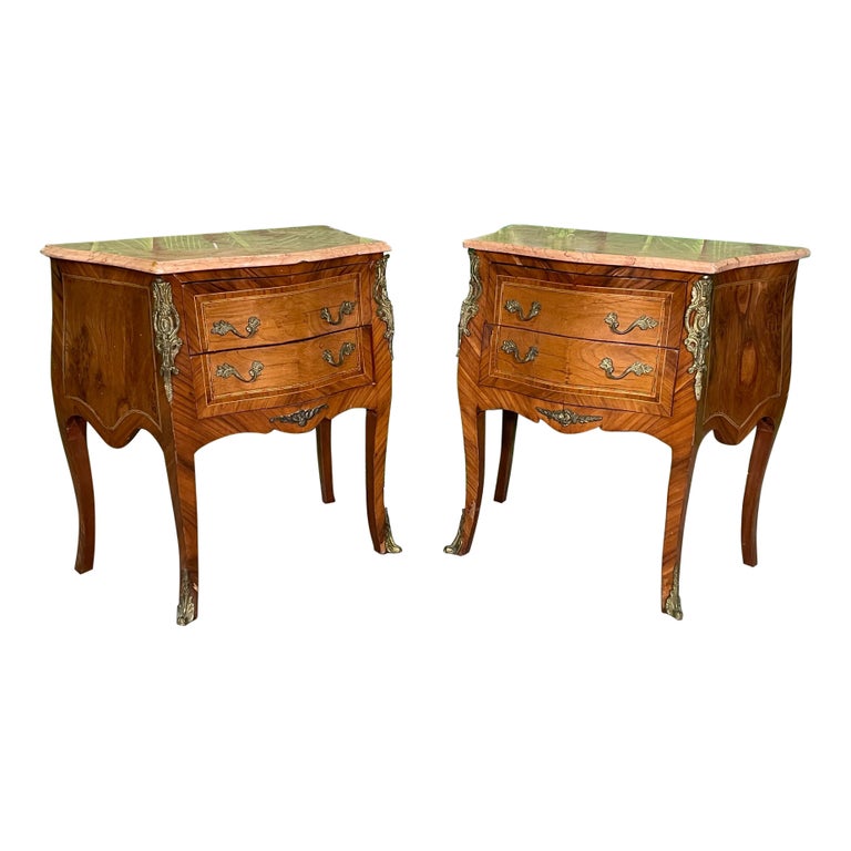French Louis XV Marquetry Nightstands with Marble Tops, a Pair