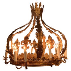 Gilt Metal French  Crown Chandelier with 12 Lights and Fleur D Lis Design
