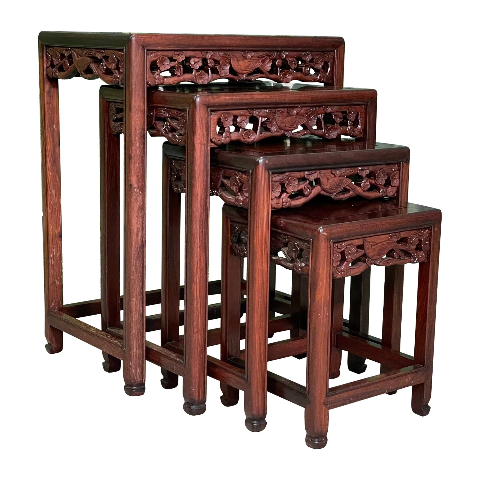 Asian Hand Carved Rosewood Nesting Tables or Stacking Tables, Set of 4