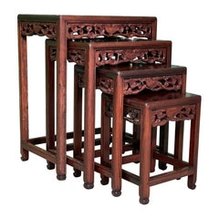 Retro Asian Hand Carved Rosewood Nesting Tables or Stacking Tables, Set of 4